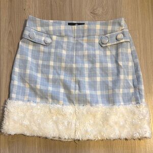 Plaid Blue and Cream Skirt with Faux Fur Trim
